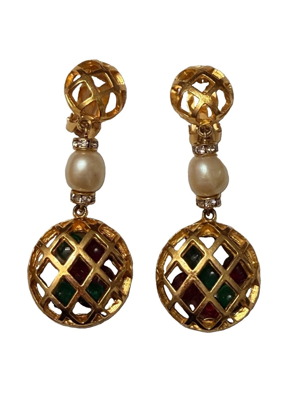 Gold-Tone Lattice Drop Earrings with Pearl and Gem Accents
